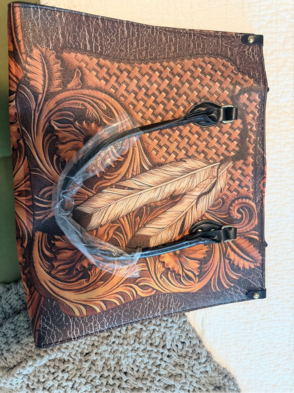 Leather-Effect Tote with Feather Tooled Print - Brown & Tan